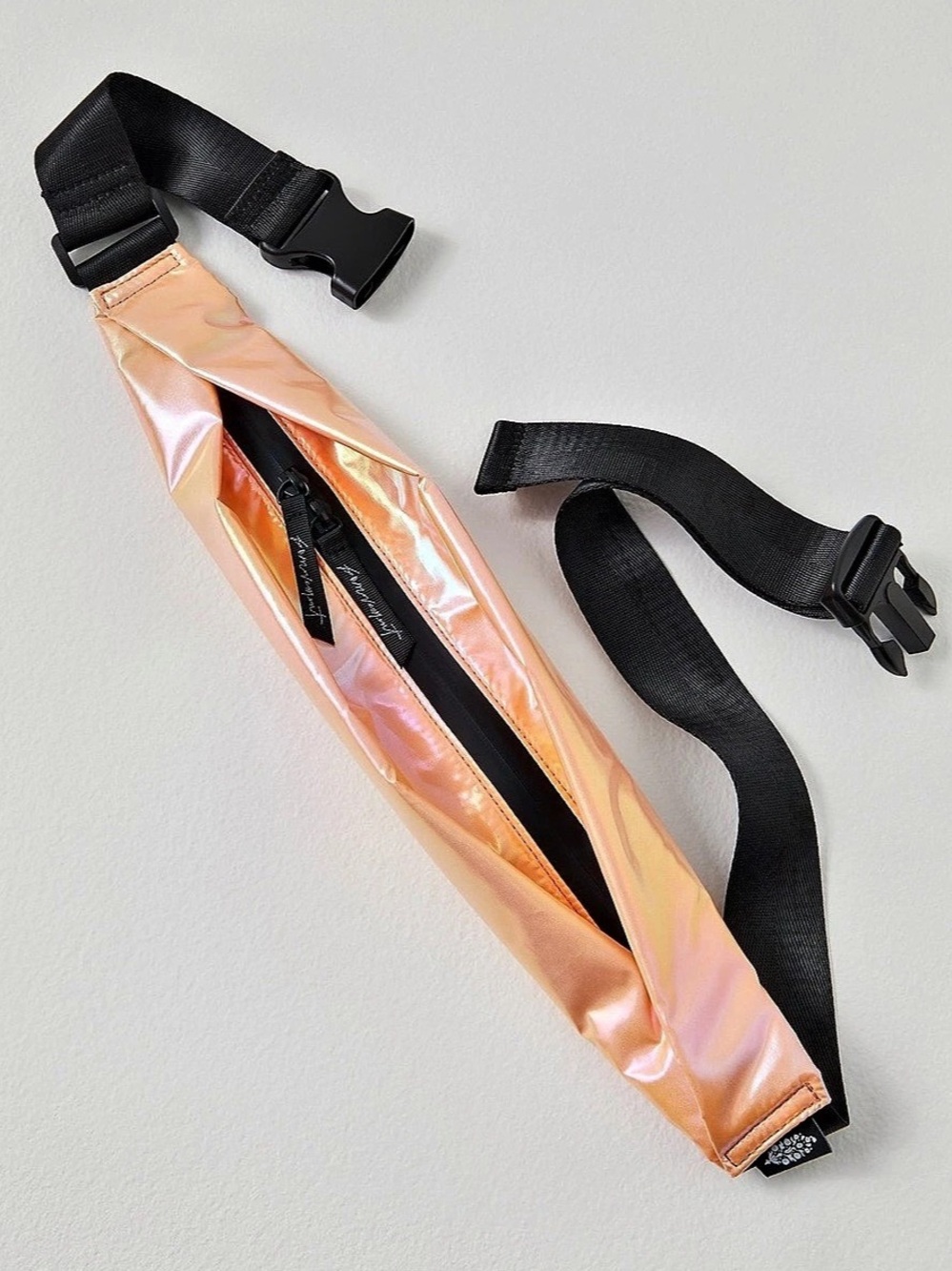 NWOT* Free People Slim Fold Runner Bag in glossy iridescent orange-pink metallic